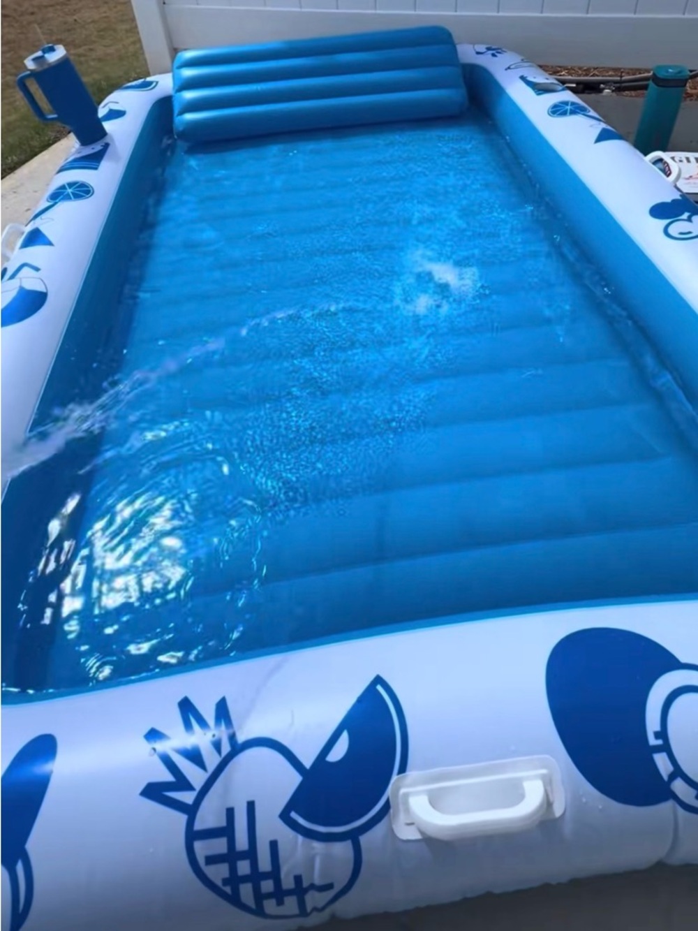Tanning Blue Inflatable Rectangular Pool Float with Pineapple Graphics